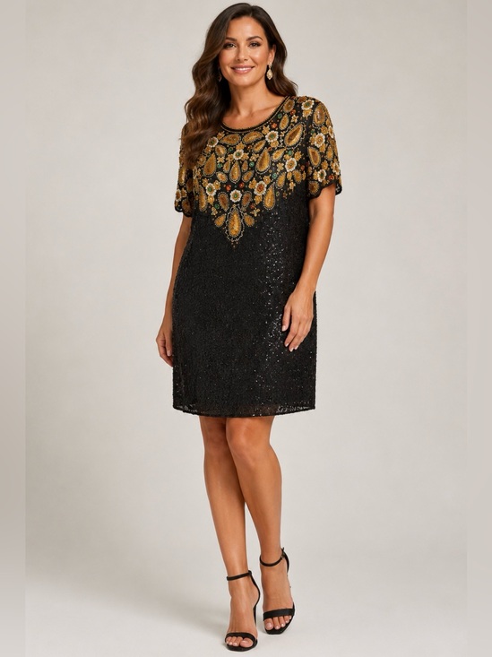 Sweelo Dresses & Skirts - Vintage Sweelo Silk Beaded Sequin Cocktail Party Dress Black Gold Large